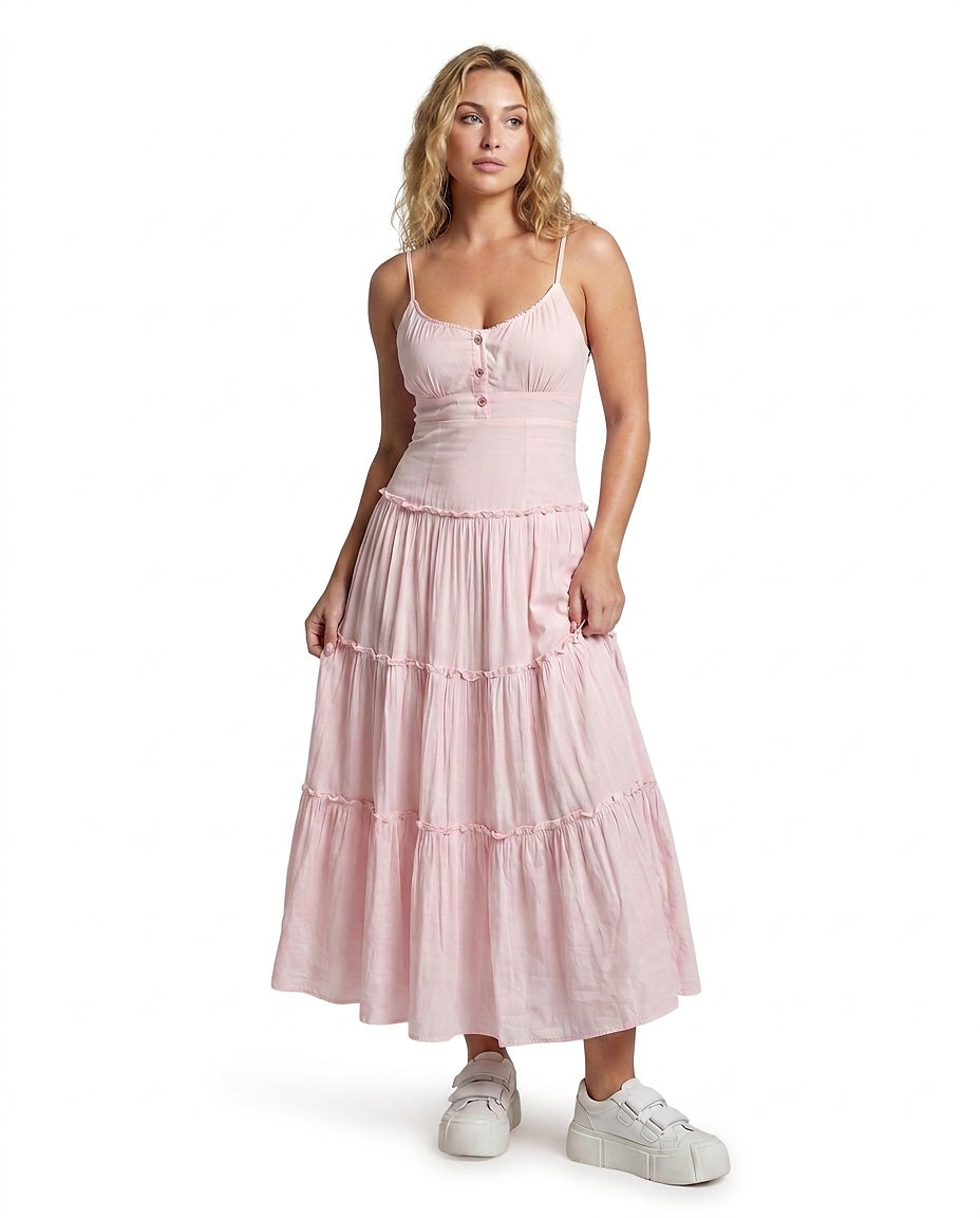 Vestido midi con tirantes finos y falda escalonada para mujer-Maxi Dress-Casaluzia