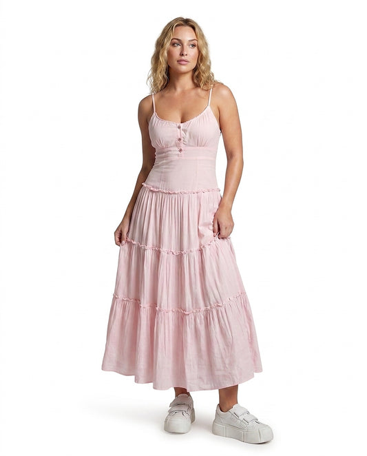Vestido midi con tirantes finos y falda escalonada para mujer-Maxi Dress-Casaluzia