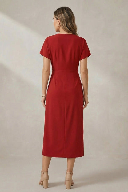 Vestido midi cruzado con cuello en V para mujer-Midi Dress-Casaluzia