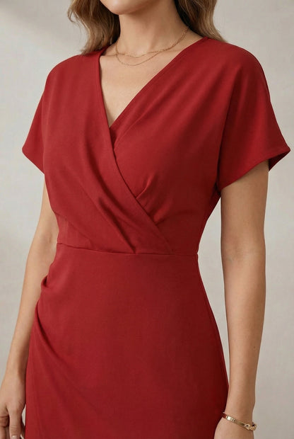 Vestido midi cruzado con cuello en V para mujer-Midi Dress-Casaluzia