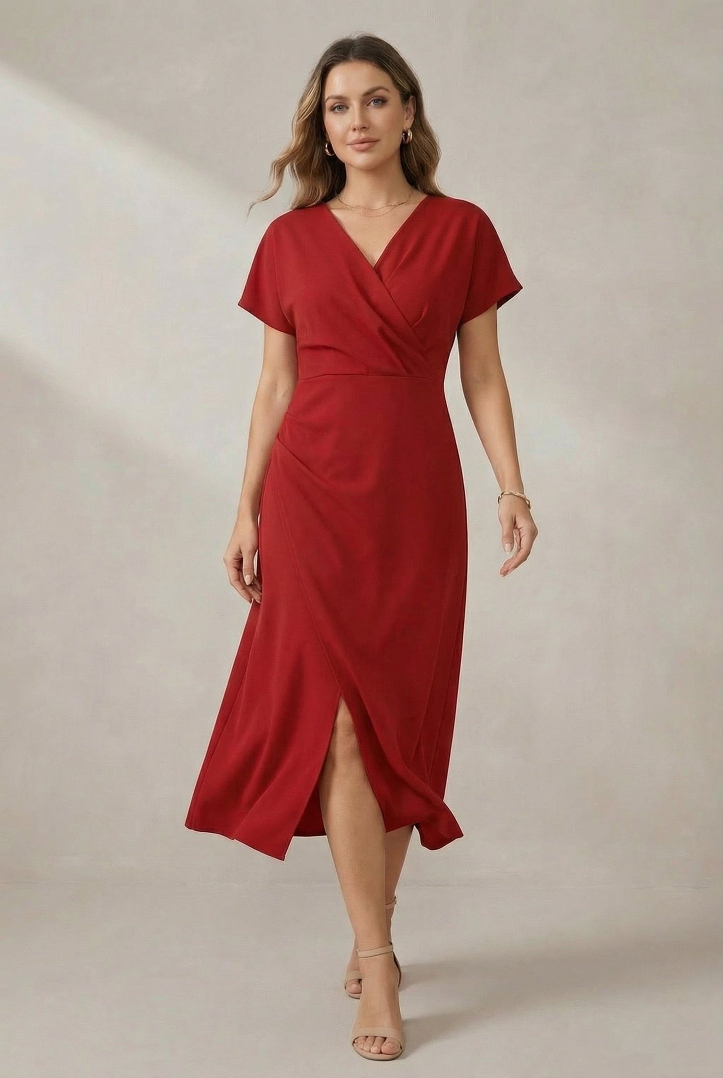 Vestido midi cruzado con cuello en V para mujer-Midi Dress-Casaluzia