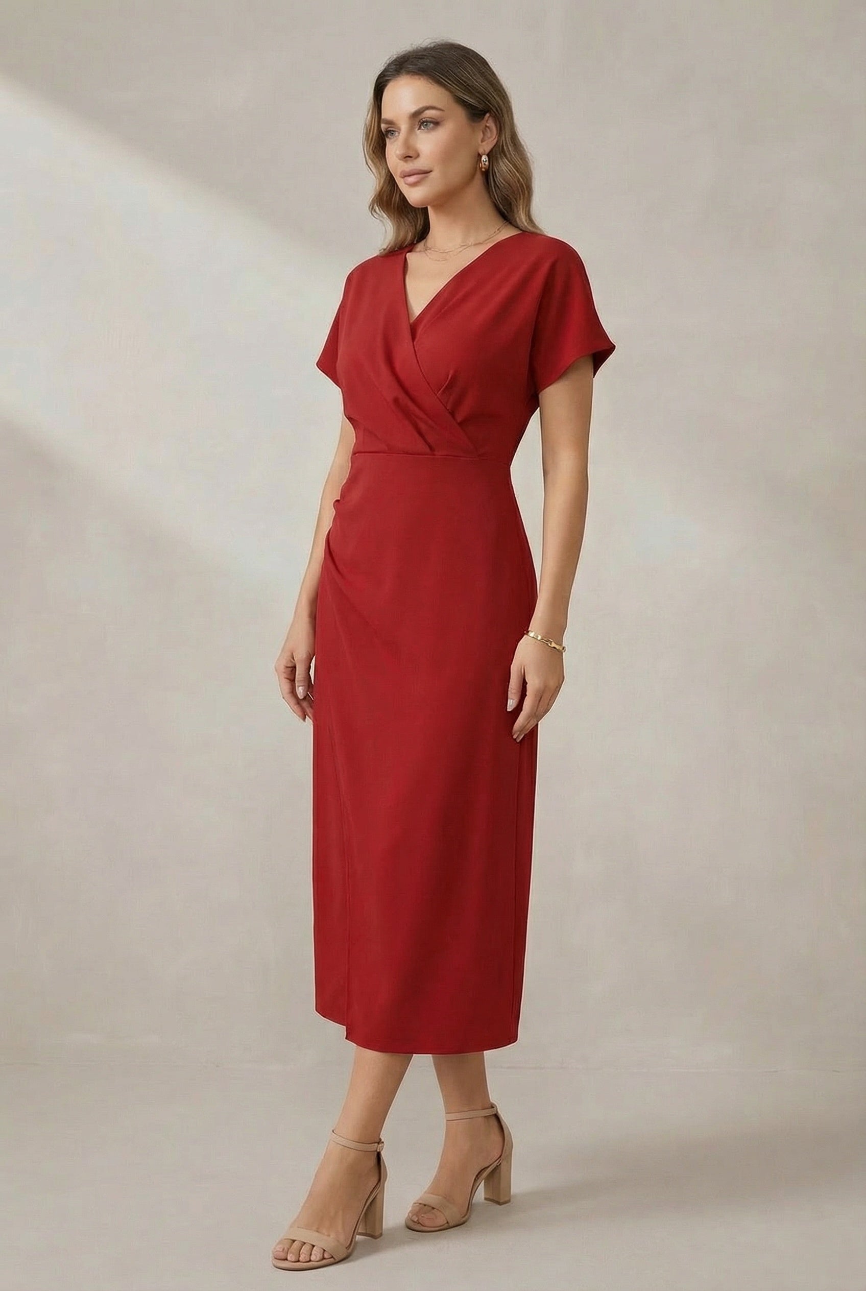Vestido midi cruzado con cuello en V para mujer-Midi Dress-Casaluzia