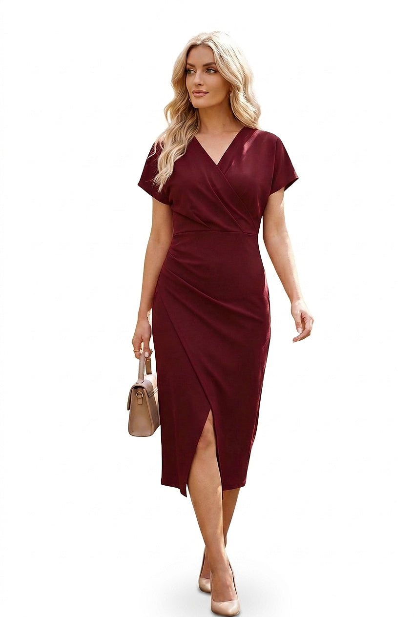 Vestido midi cruzado con cuello en V para mujer-Midi Dress-Casaluzia
