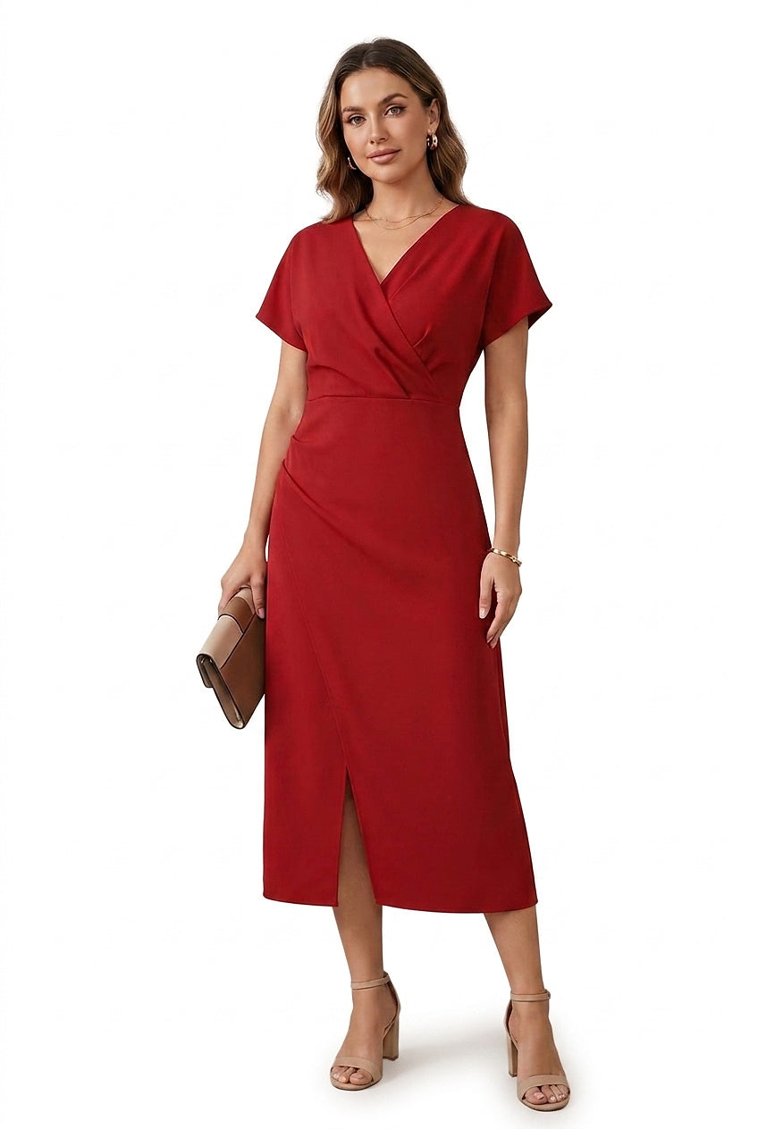 Vestido midi cruzado con cuello en V para mujer-Midi Dress-Casaluzia