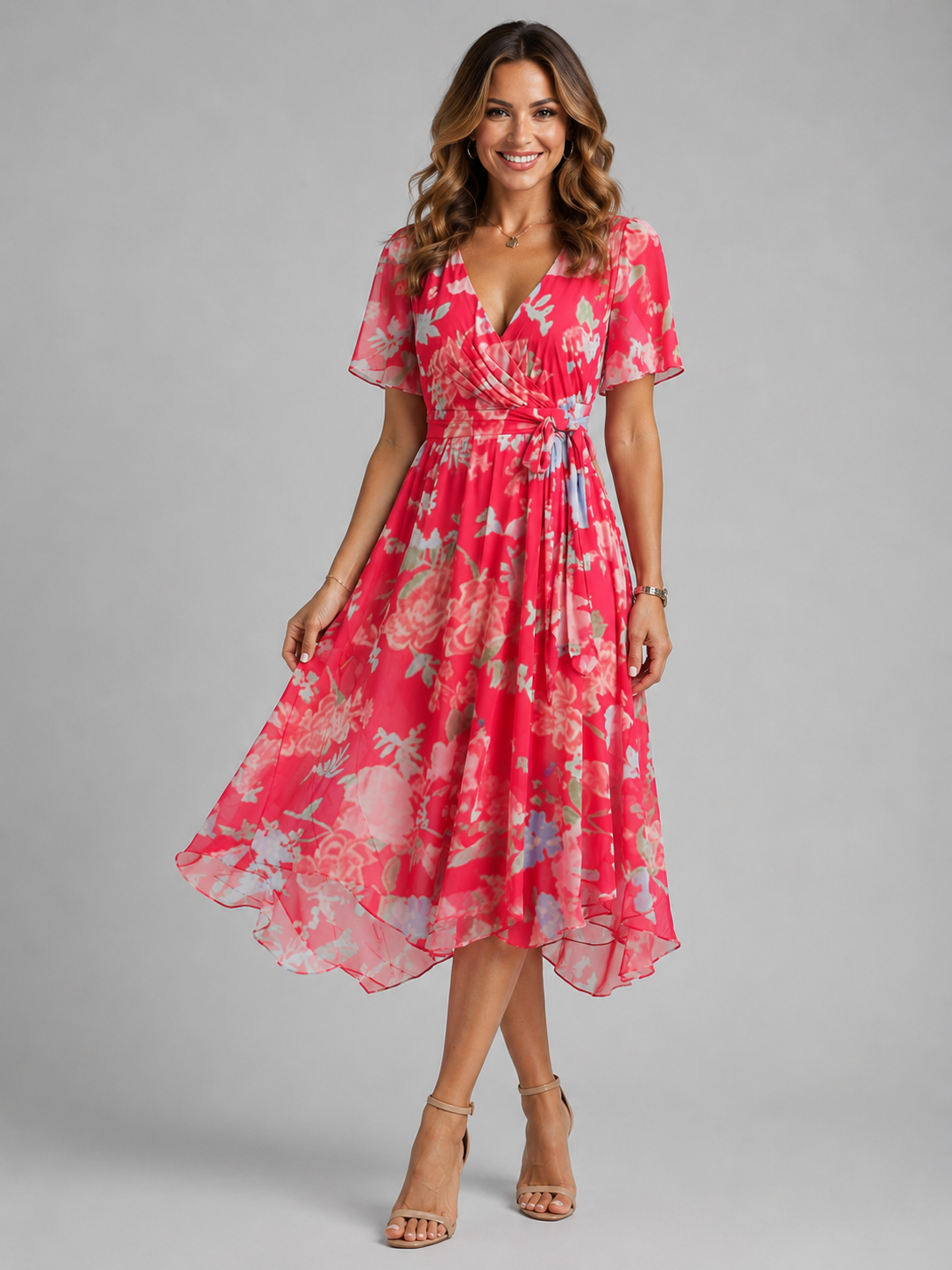 Vestido midi cruzado con estampado floral para mujer-Midi Dress-Casaluzia