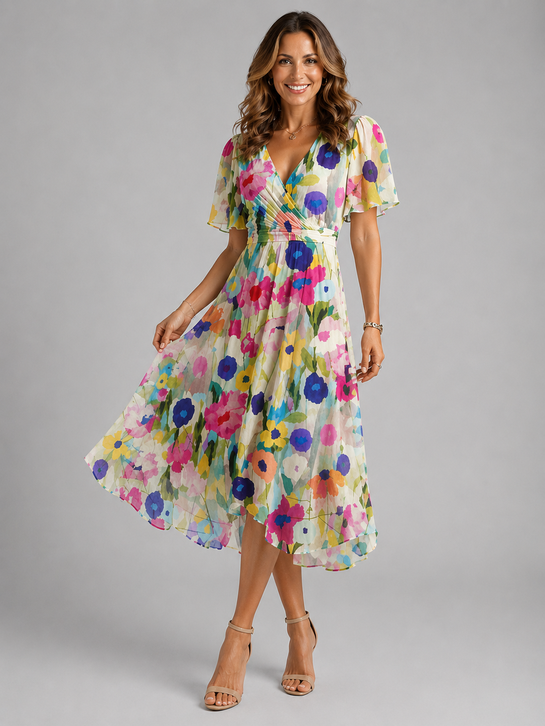 Vestido midi cruzado con estampado floral para mujer-Midi Dress-Casaluzia