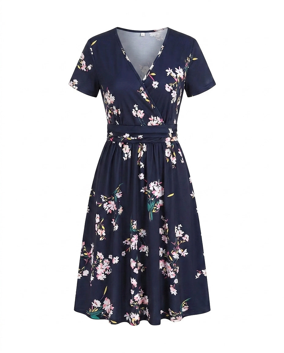 Vestido midi cruzado para mujer con estampado tropical-Midi Dress-Casaluzia