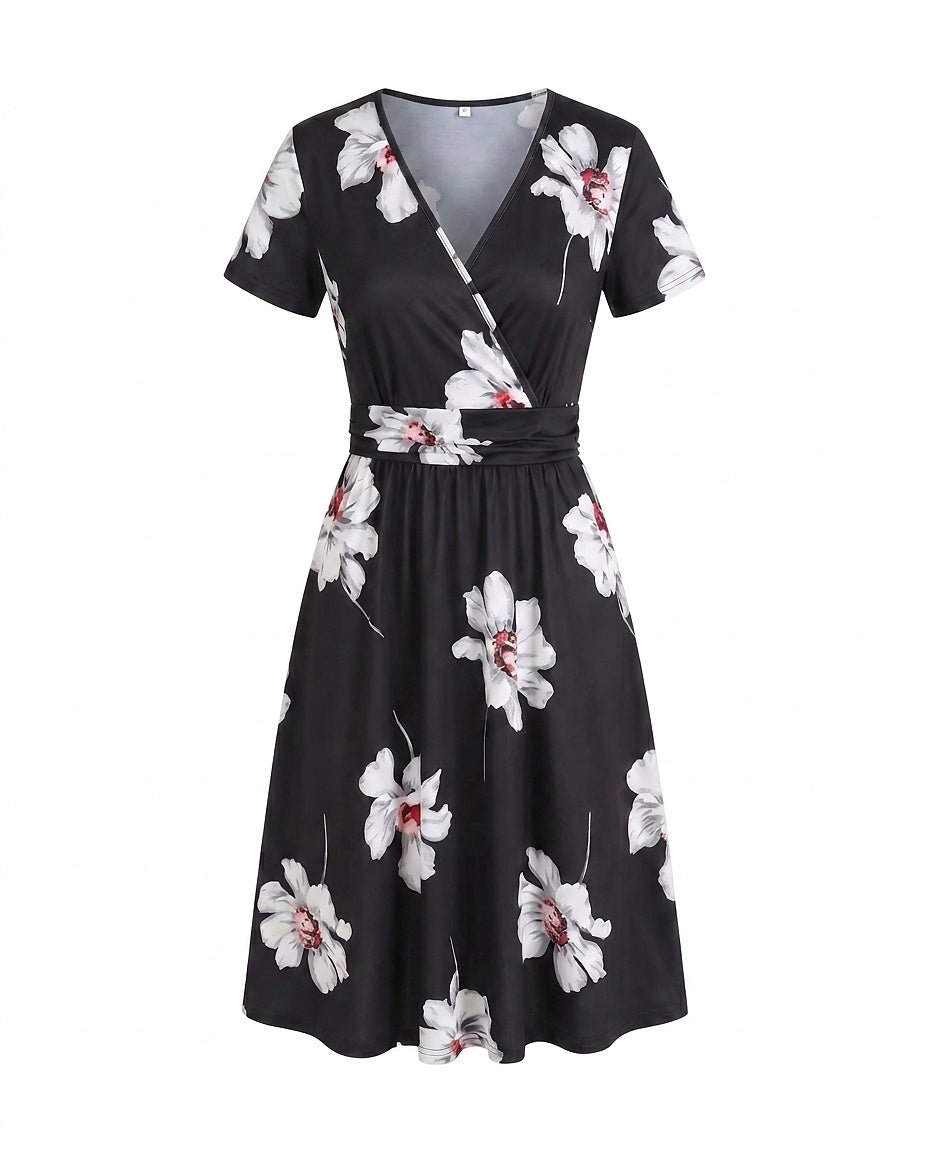 Vestido midi cruzado para mujer con estampado tropical-Midi Dress-Casaluzia
