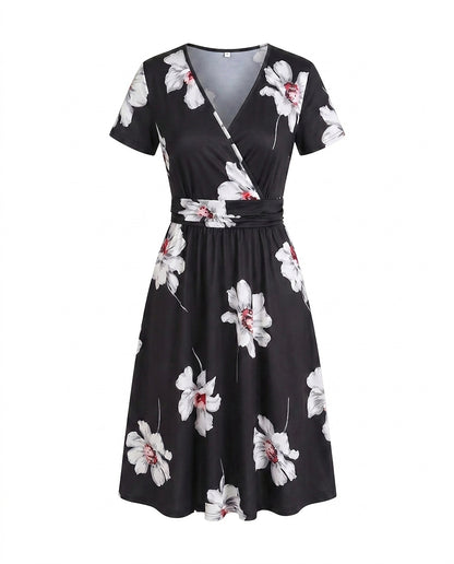 Vestido midi cruzado para mujer con estampado tropical-Midi Dress-Casaluzia