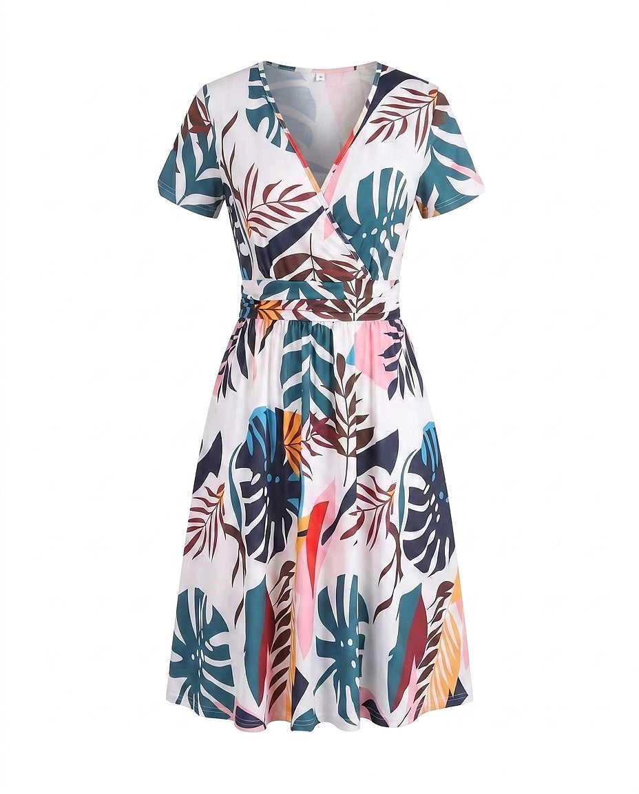 Vestido midi cruzado para mujer con estampado tropical-Midi Dress-Casaluzia