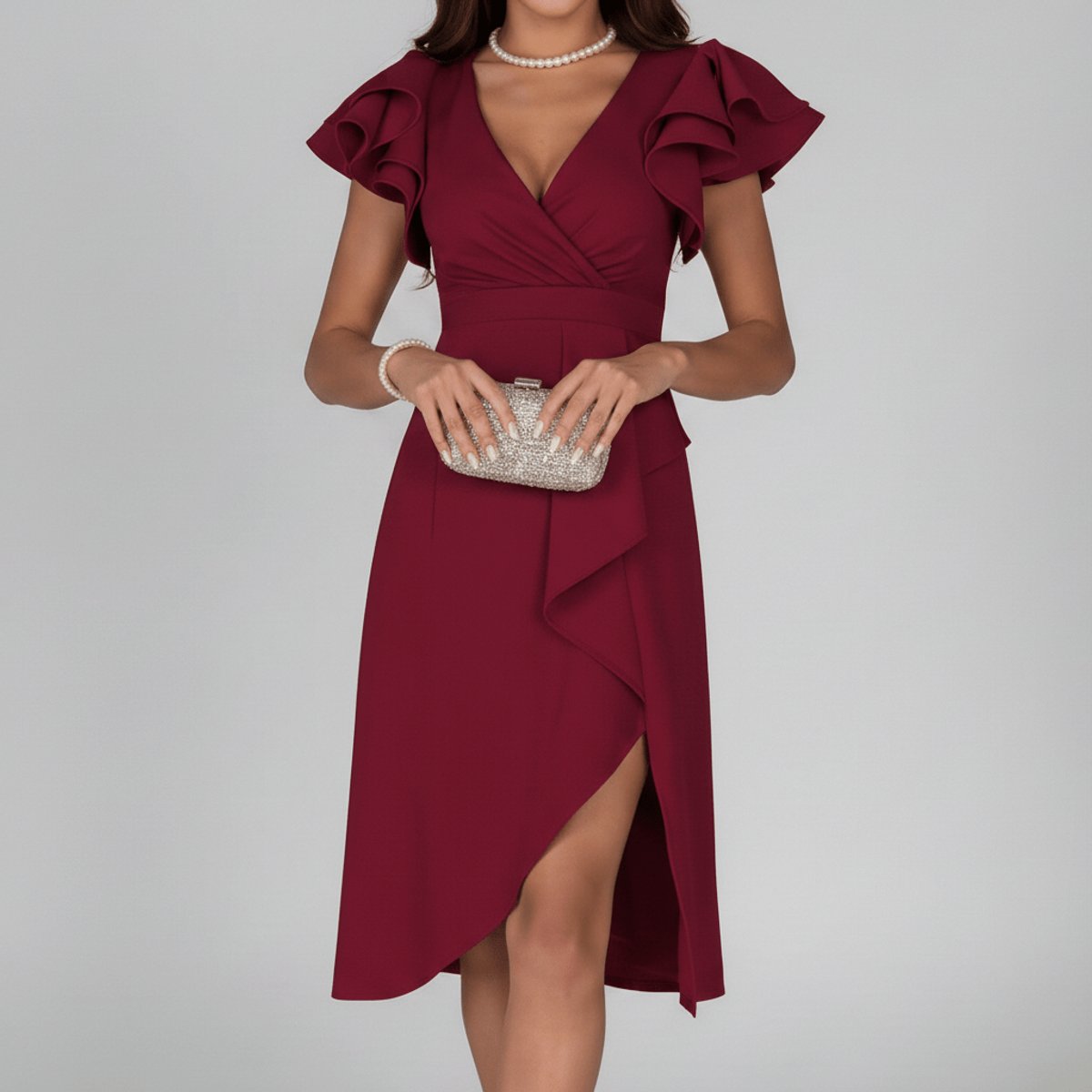 Vestido midi cruzado para mujer con mangas con volantes-Midi Dress-Casaluzia