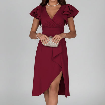 Vestido midi cruzado para mujer con mangas con volantes-Midi Dress-Casaluzia