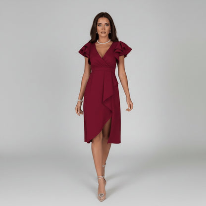 Vestido midi cruzado para mujer con mangas con volantes-Midi Dress-Casaluzia