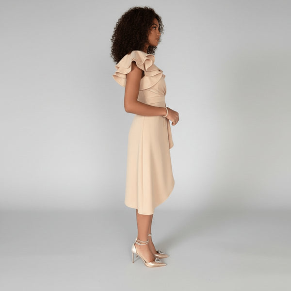Vestido midi cruzado para mujer con mangas con volantes-Midi Dress-Casaluzia