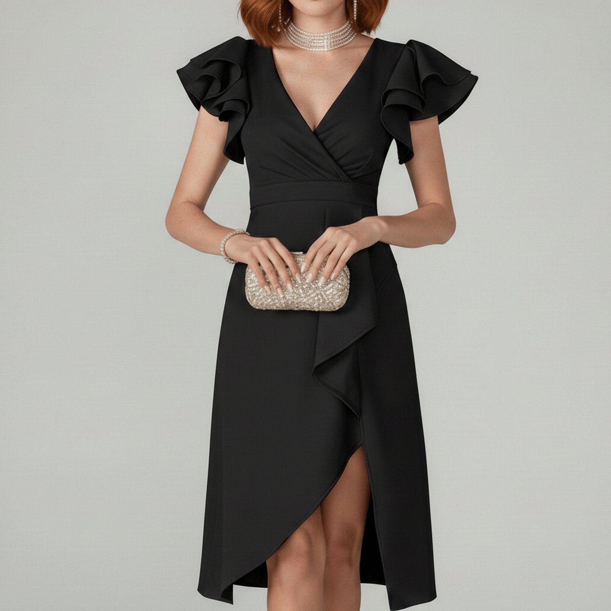 Vestido midi cruzado para mujer con mangas con volantes-Midi Dress-Casaluzia