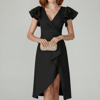 Vestido midi cruzado para mujer con mangas con volantes-Midi Dress-Casaluzia