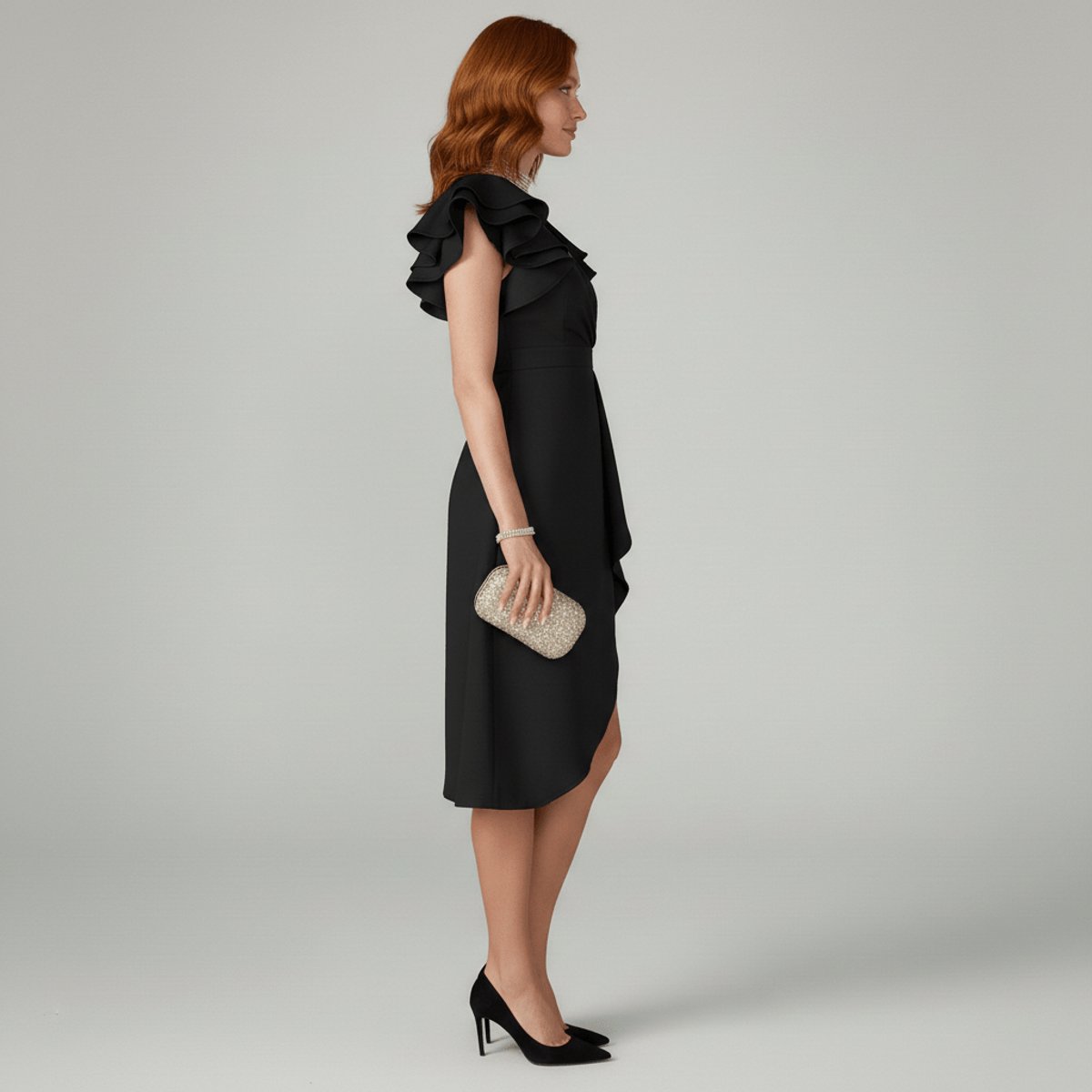 Vestido midi cruzado para mujer con mangas con volantes-Midi Dress-Casaluzia