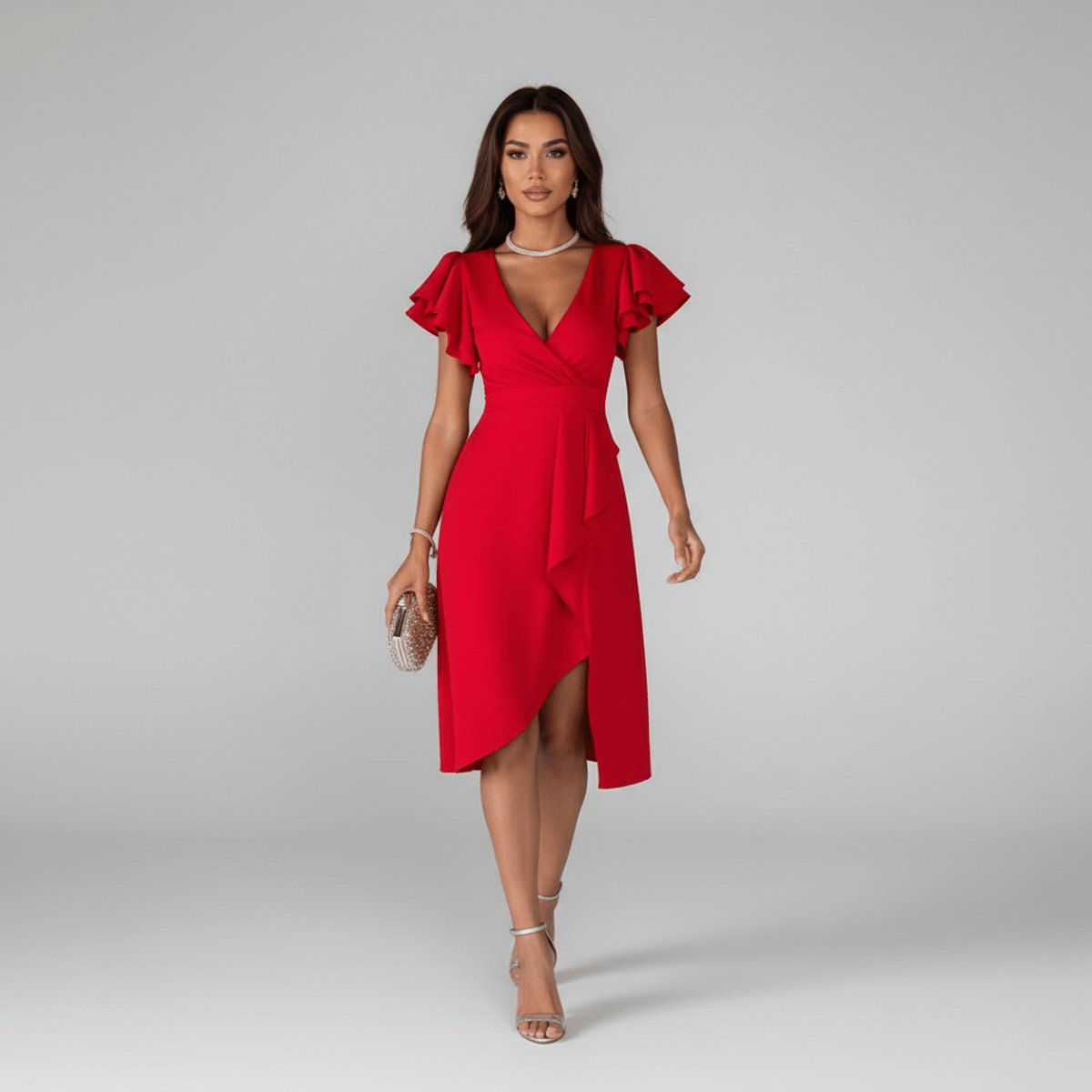 Vestido midi cruzado para mujer con mangas con volantes-Midi Dress-Casaluzia