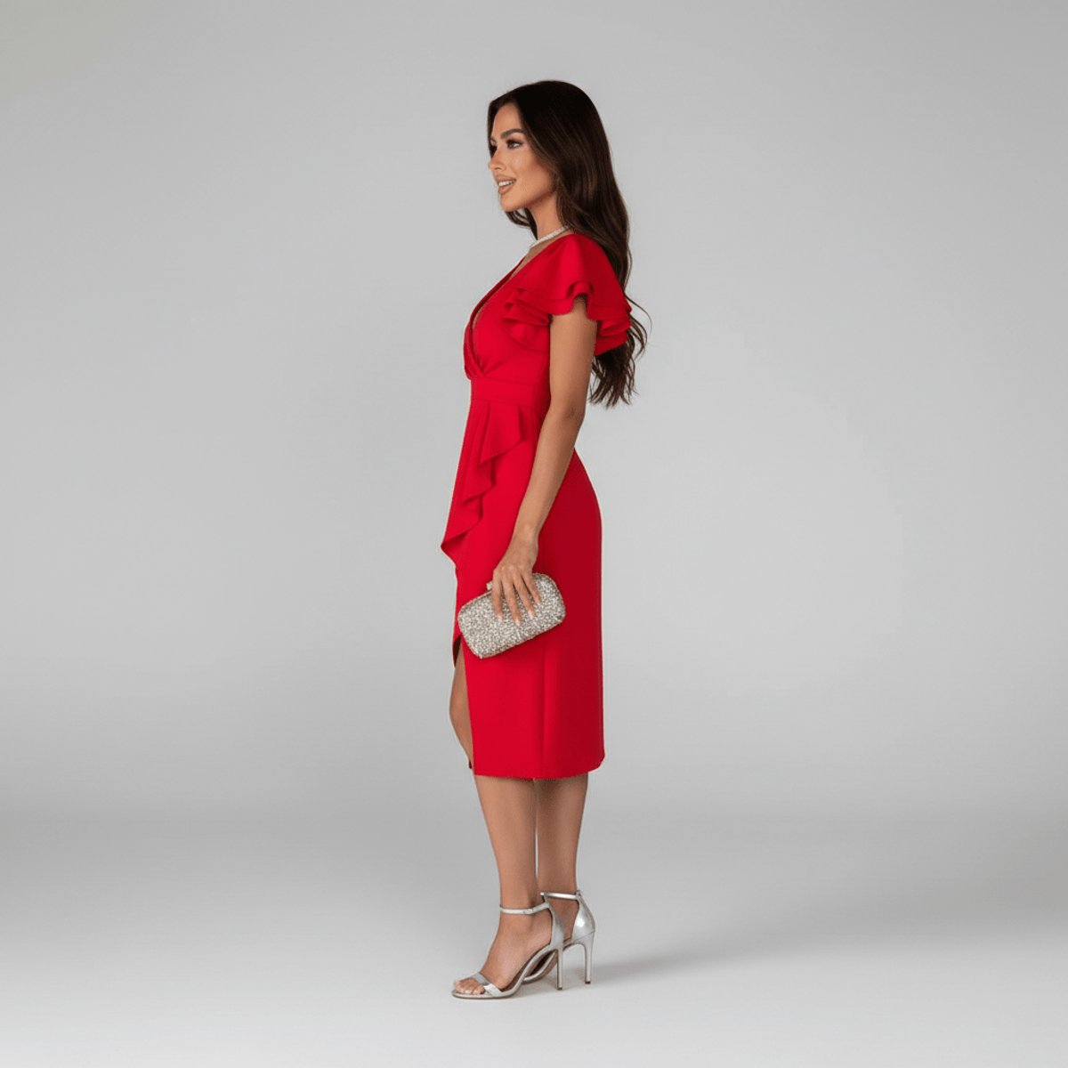 Vestido midi cruzado para mujer con mangas con volantes-Midi Dress-Casaluzia