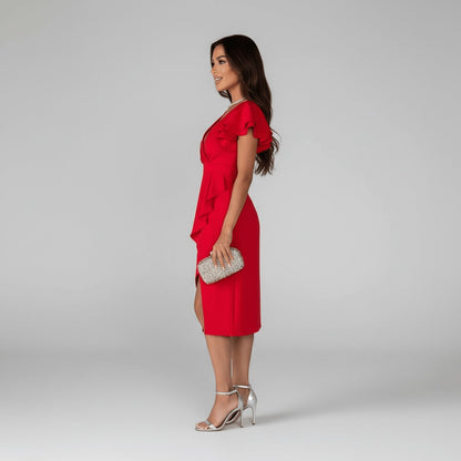 Vestido midi cruzado para mujer con mangas con volantes-Midi Dress-Casaluzia