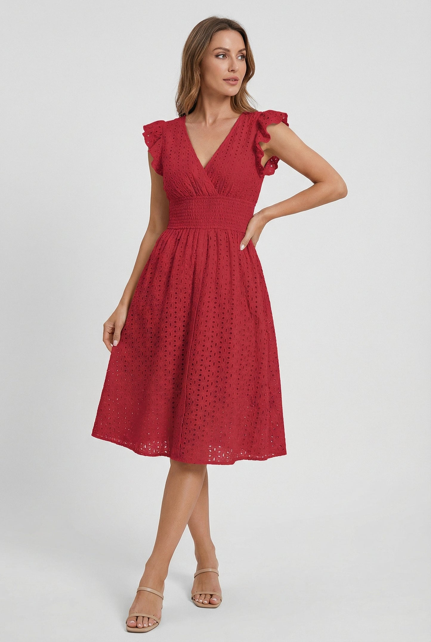 Vestido Midi de Bordado Suizo para Mujer con Cintura Nido de Abeja-Midi Dress-Casaluzia