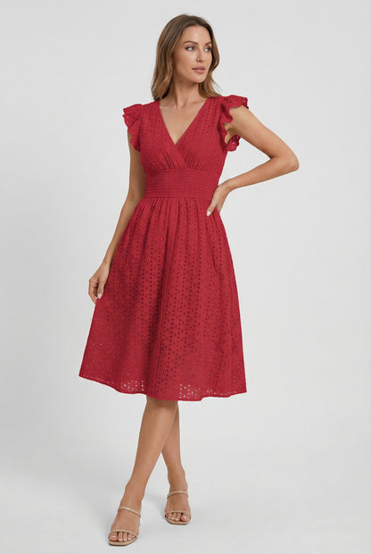 Vestido Midi de Bordado Suizo para Mujer con Cintura Nido de Abeja-Midi Dress-Casaluzia
