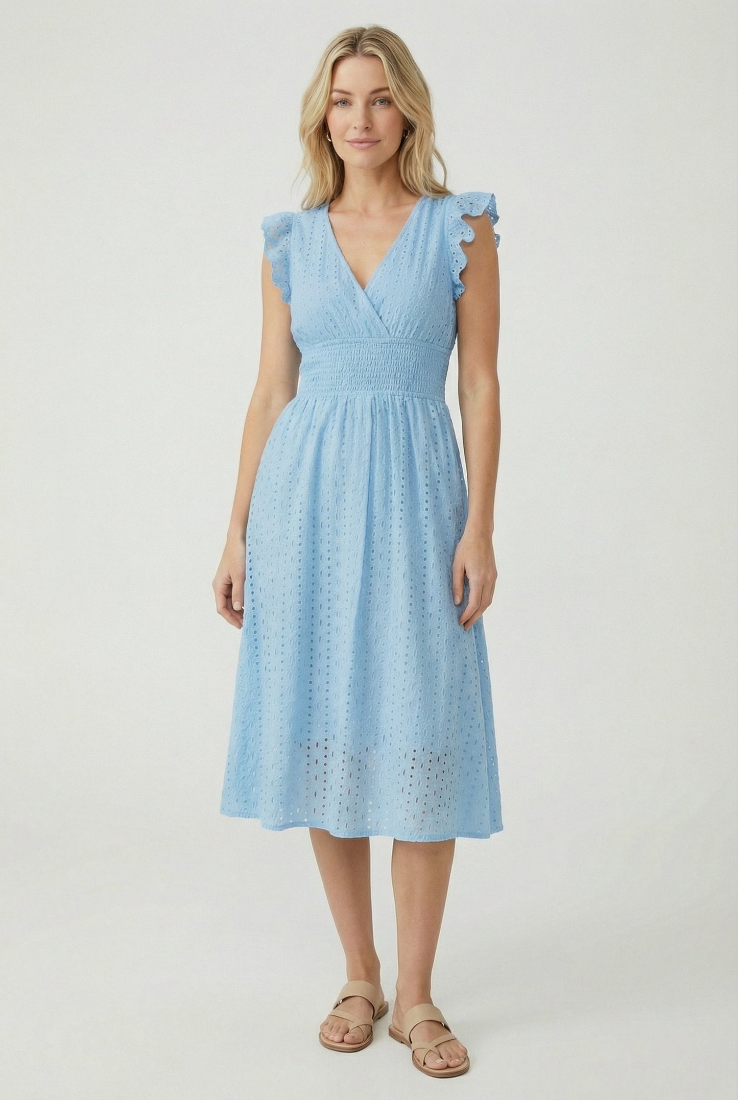 Vestido Midi de Bordado Suizo para Mujer con Cintura Nido de Abeja-Midi Dress-Casaluzia