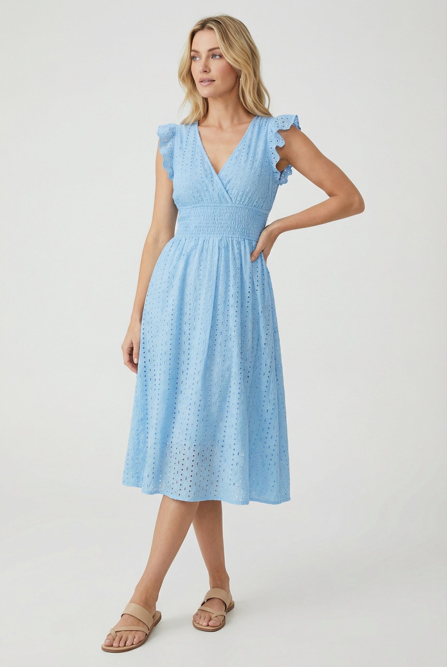 Vestido Midi de Bordado Suizo para Mujer con Cintura Nido de Abeja-Midi Dress-Casaluzia