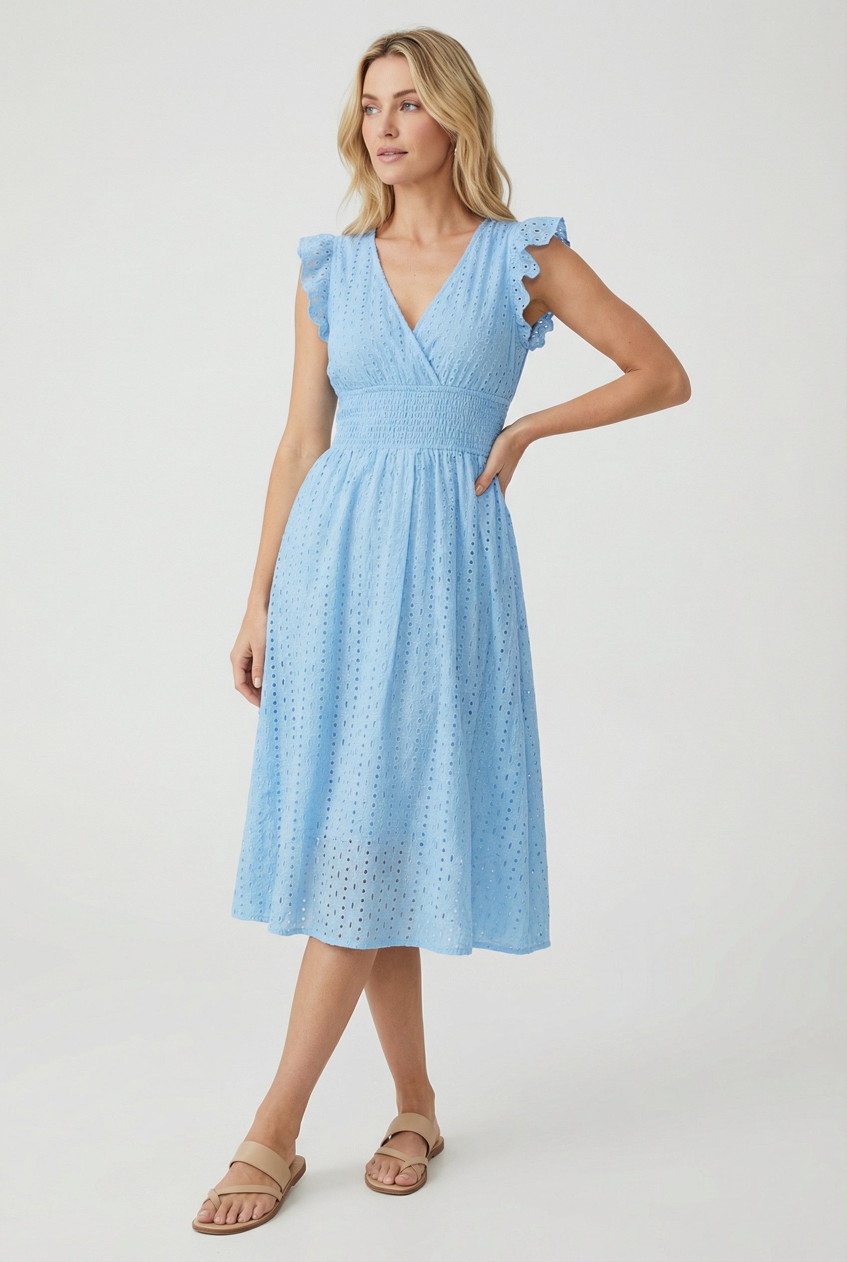 Vestido Midi de Bordado Suizo para Mujer con Cintura Nido de Abeja-Midi Dress-Casaluzia