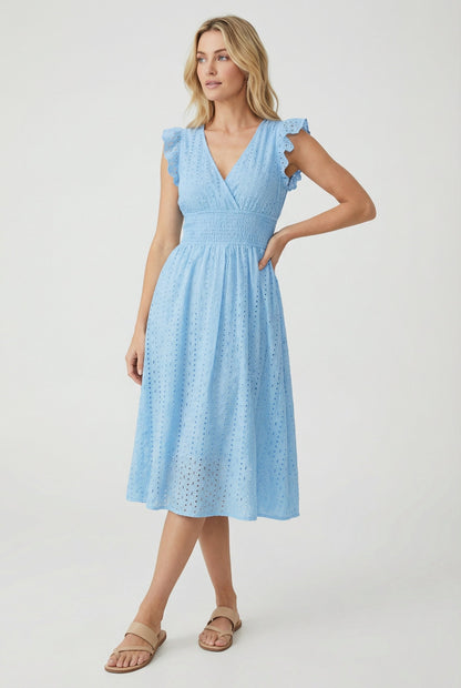 Vestido Midi de Bordado Suizo para Mujer con Cintura Nido de Abeja-Midi Dress-Casaluzia