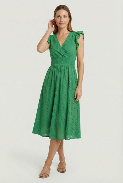 Vestido Midi de Bordado Suizo para Mujer con Cintura Nido de Abeja-Midi Dress-Casaluzia