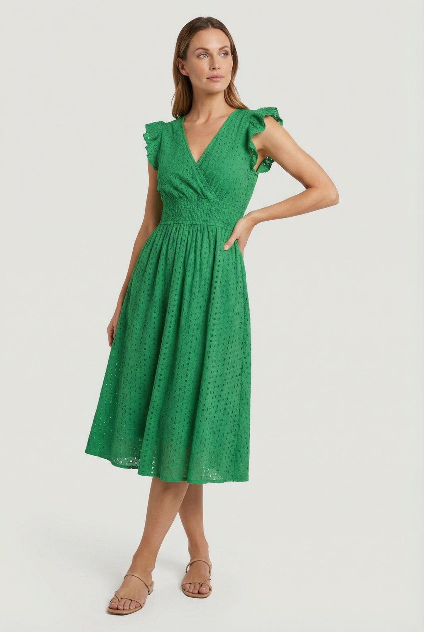 Vestido Midi de Bordado Suizo para Mujer con Cintura Nido de Abeja-Midi Dress-Casaluzia