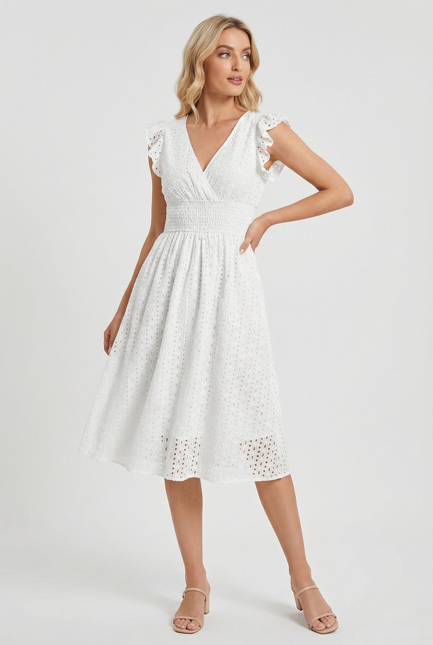 Vestido Midi de Bordado Suizo para Mujer con Cintura Nido de Abeja-Midi Dress-Casaluzia