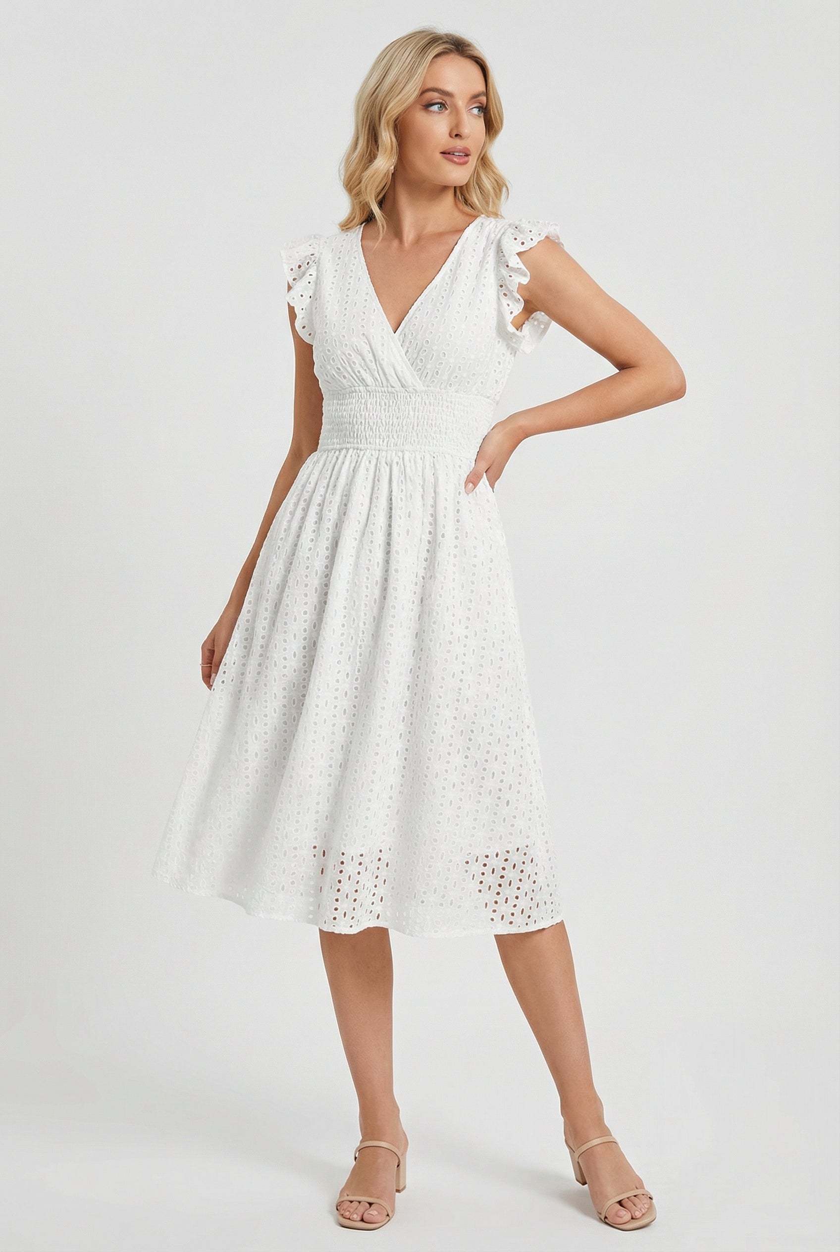 Vestido Midi de Bordado Suizo para Mujer con Cintura Nido de Abeja-Midi Dress-Casaluzia