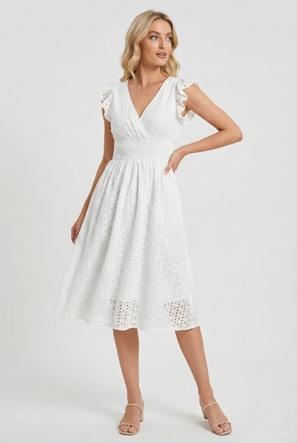 Vestido Midi de Bordado Suizo para Mujer con Cintura Nido de Abeja-Midi Dress-Casaluzia