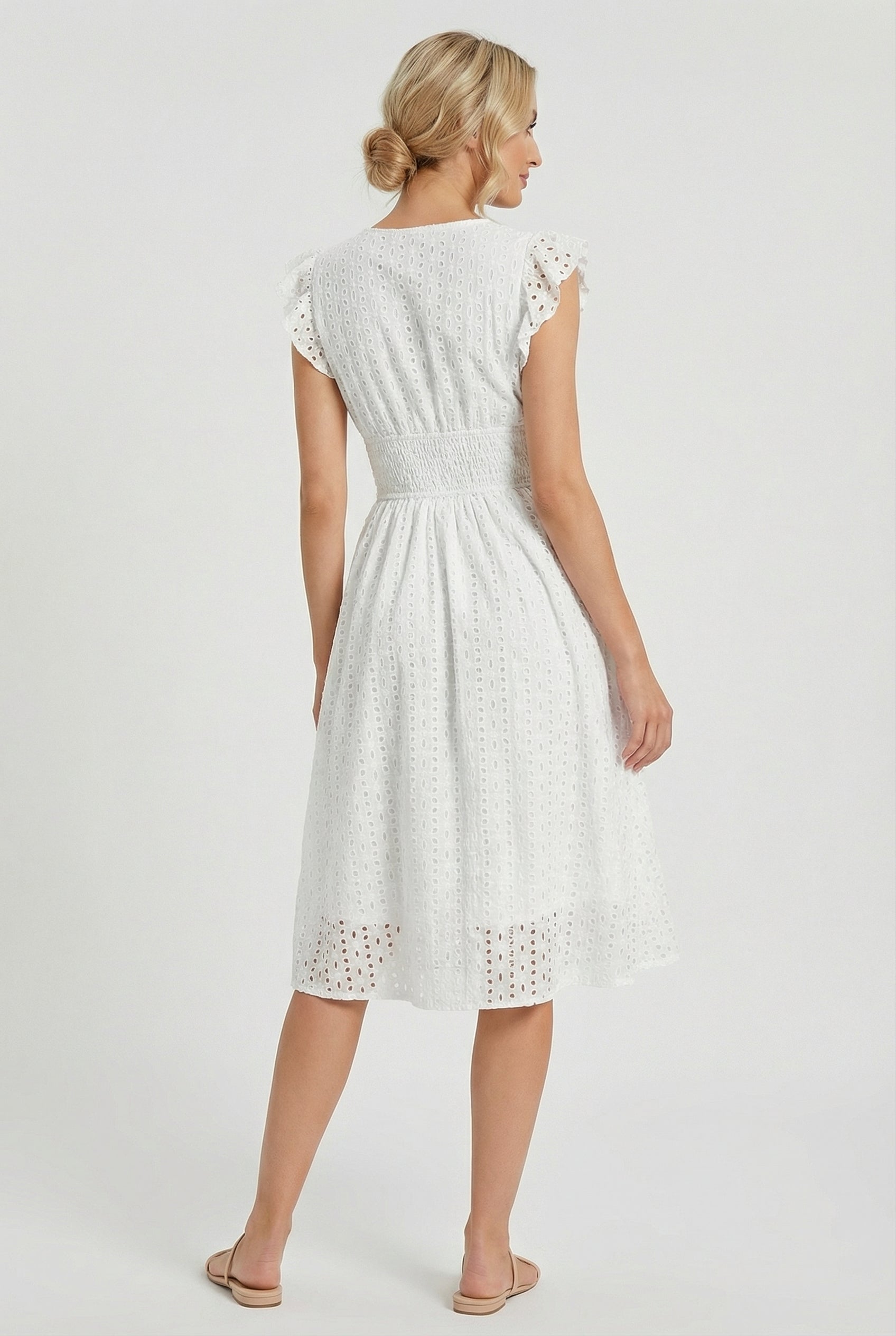 Vestido Midi de Bordado Suizo para Mujer con Cintura Nido de Abeja-Midi Dress-Casaluzia