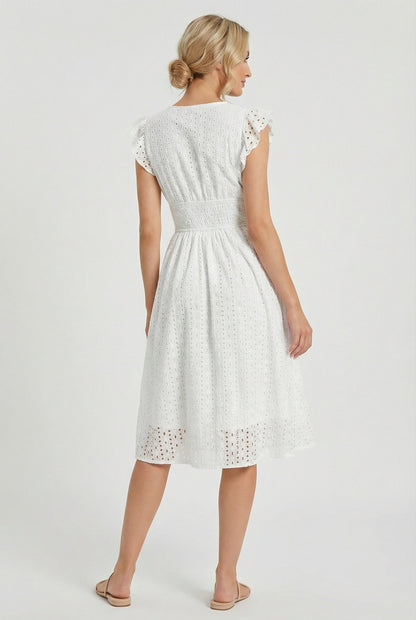 Vestido Midi de Bordado Suizo para Mujer con Cintura Nido de Abeja-Midi Dress-Casaluzia