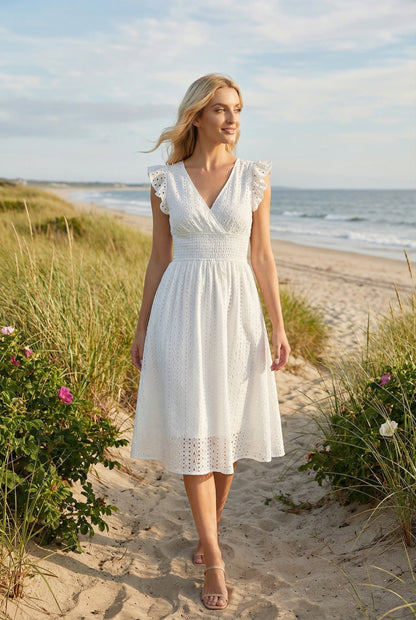 Vestido Midi de Bordado Suizo para Mujer con Cintura Nido de Abeja-Midi Dress-Casaluzia