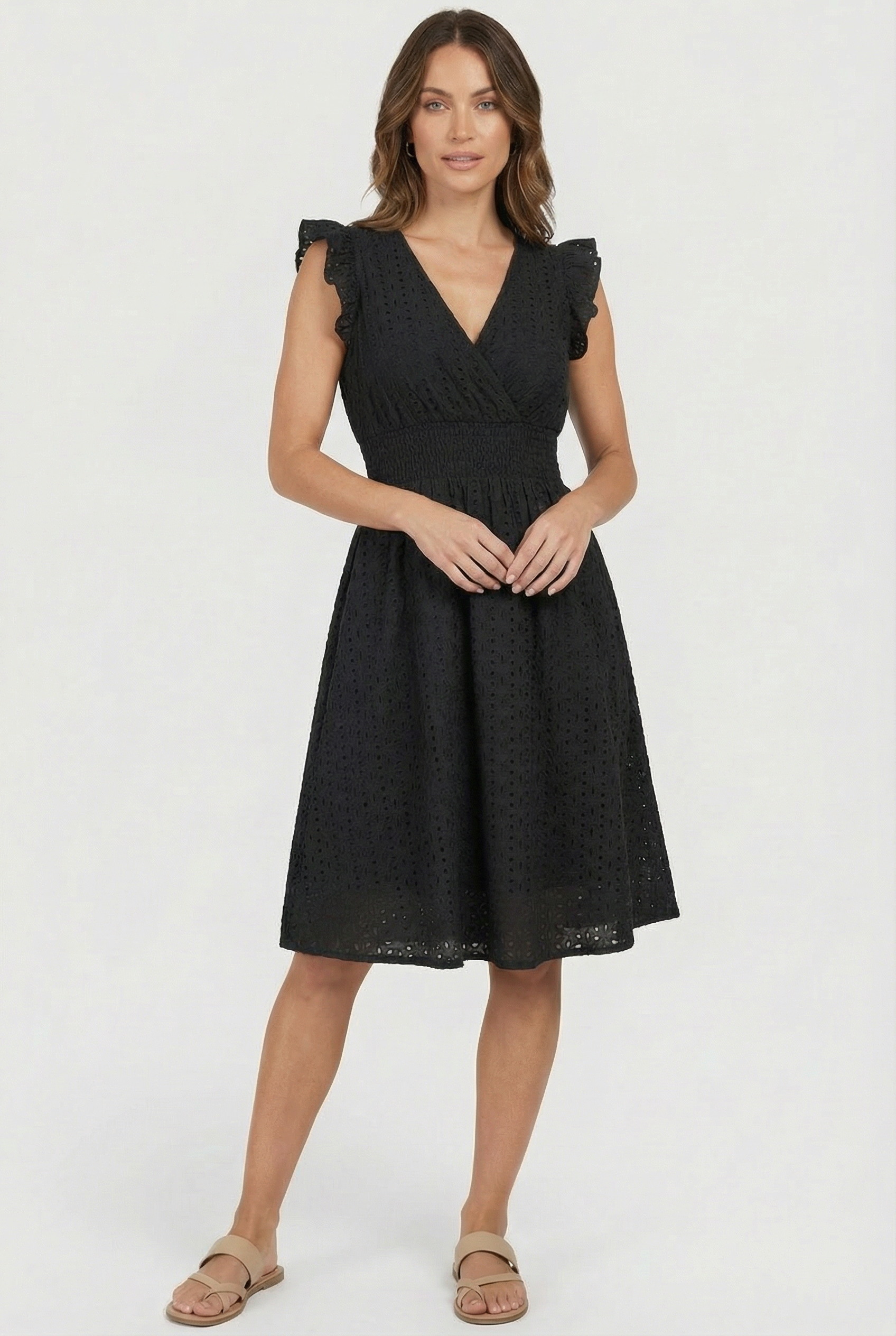 Vestido Midi de Bordado Suizo para Mujer con Cintura Nido de Abeja-Midi Dress-Casaluzia