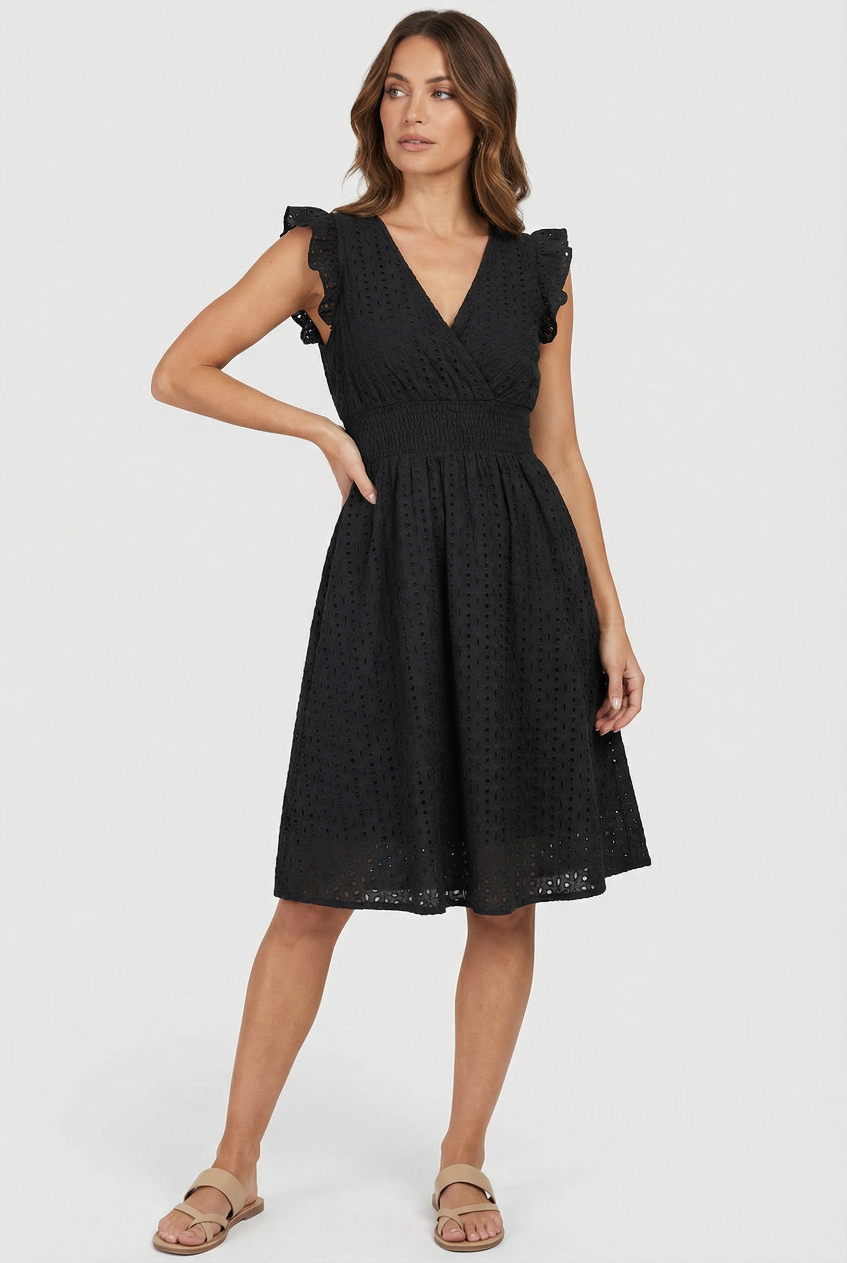 Vestido Midi de Bordado Suizo para Mujer con Cintura Nido de Abeja-Midi Dress-Casaluzia