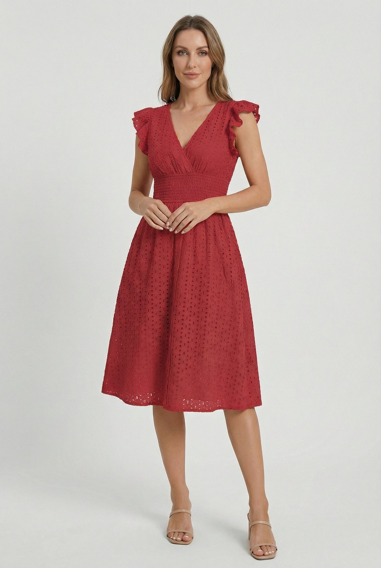 Vestido Midi de Bordado Suizo para Mujer con Cintura Nido de Abeja-Midi Dress-Casaluzia