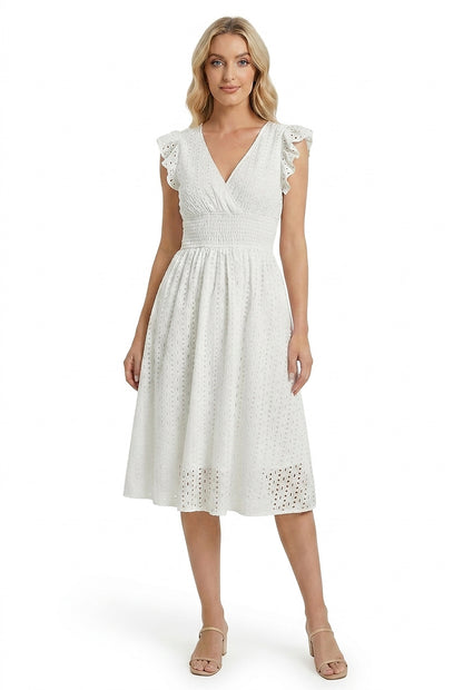 Vestido Midi de Bordado Suizo para Mujer con Cintura Nido de Abeja-Midi Dress-Casaluzia
