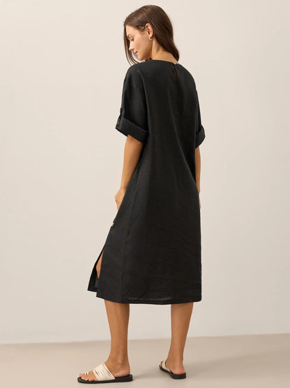 Vestido midi de cuello redondo para mujer con detalle de botones laterales-Midi Dress-Casaluzia