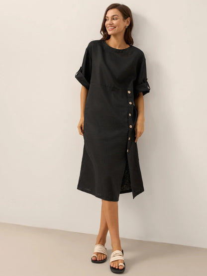 Vestido midi de cuello redondo para mujer con detalle de botones laterales-Midi Dress-Casaluzia