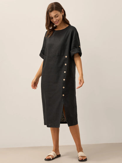 Vestido midi de cuello redondo para mujer con detalle de botones laterales-Midi Dress-Casaluzia