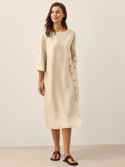 Vestido midi de cuello redondo para mujer con detalle de botones laterales-Midi Dress-Casaluzia