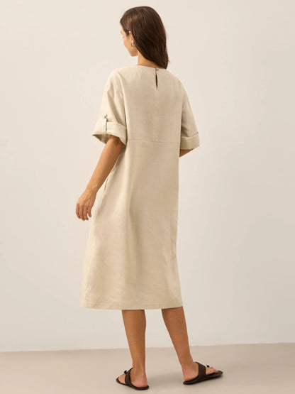 Vestido midi de cuello redondo para mujer con detalle de botones laterales-Midi Dress-Casaluzia