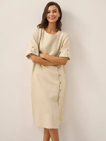 Vestido midi de cuello redondo para mujer con detalle de botones laterales-Midi Dress-Casaluzia