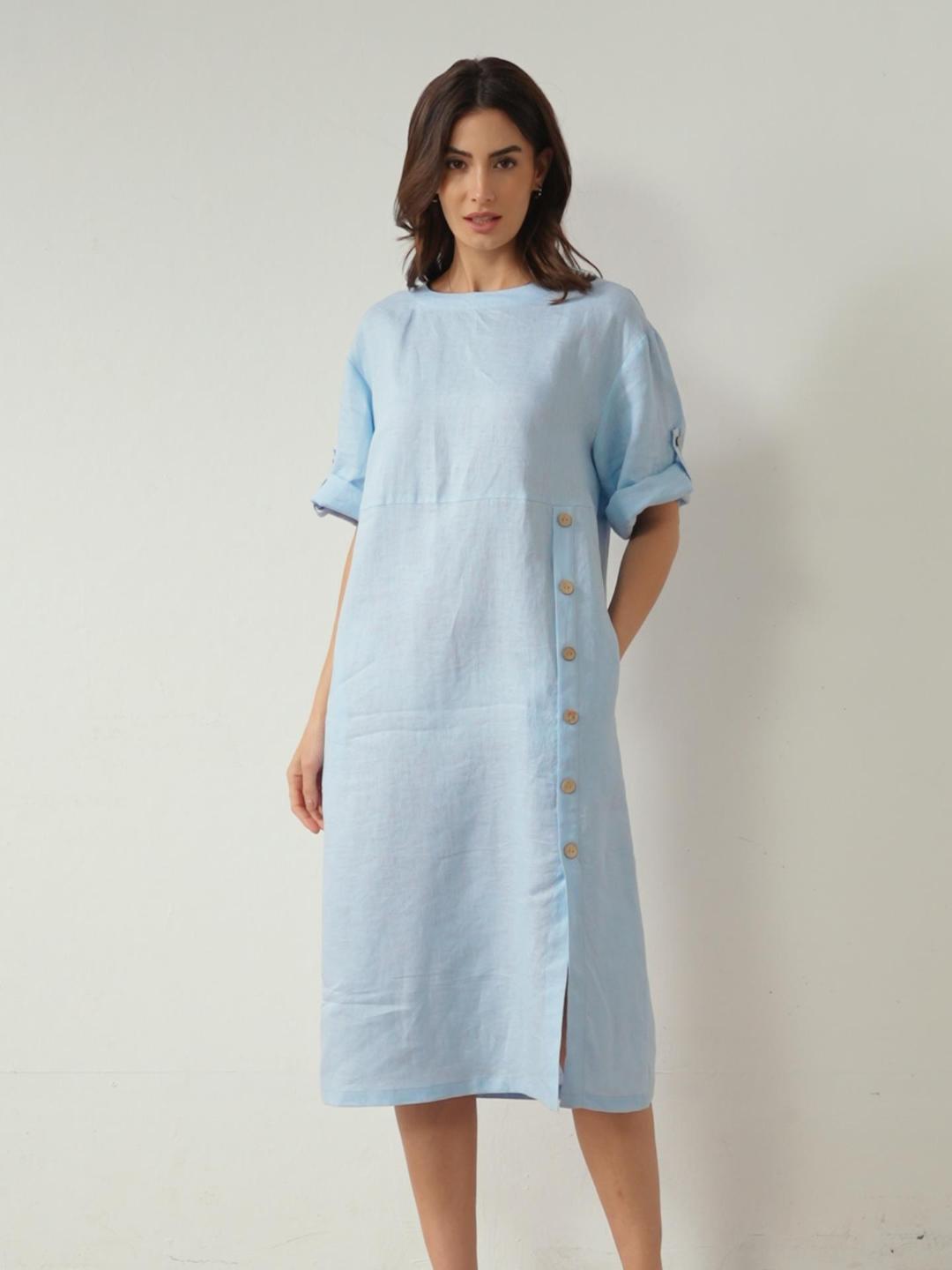 Vestido midi de cuello redondo para mujer con detalle de botones laterales-Midi Dress-Casaluzia