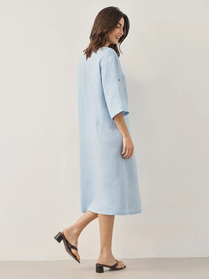Vestido midi de cuello redondo para mujer con detalle de botones laterales-Midi Dress-Casaluzia